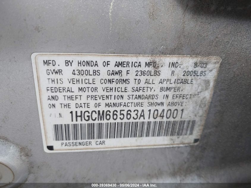 1HGCM66563A104001 | 2003 HONDA ACCORD