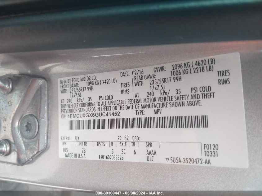 2016 FORD ESCAPE SE - 1FMCU0GX6GUC41452