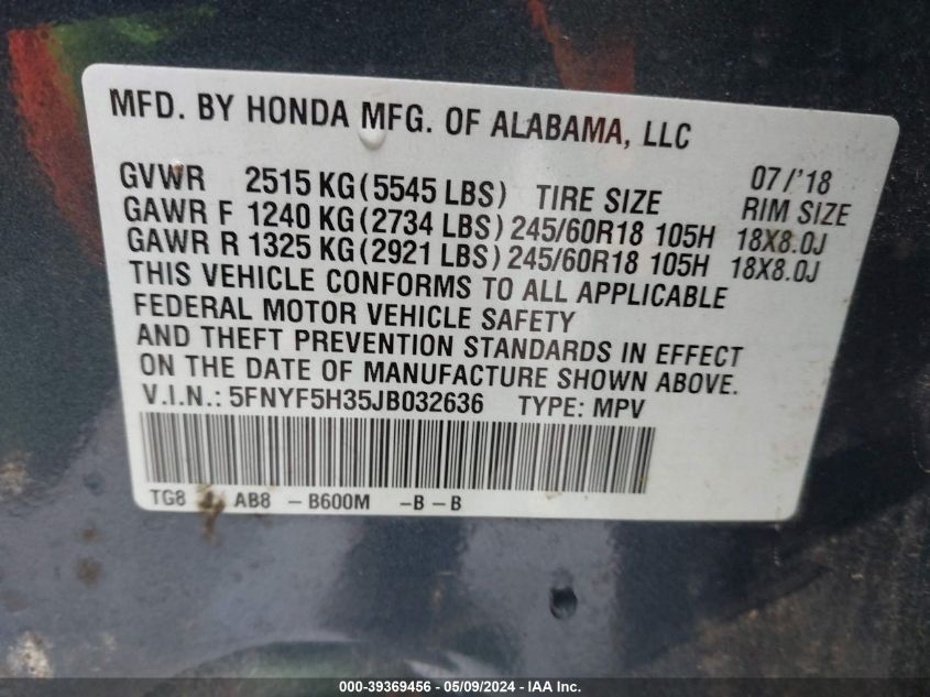 2018 Honda Pilot Ex VIN: 5FNYF5H35JB032636 Lot: 39369456