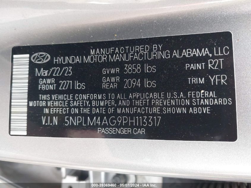 2023 Hyundai Elantra Sel VIN: 5NPLM4AG9PH113317 Lot: 39369460