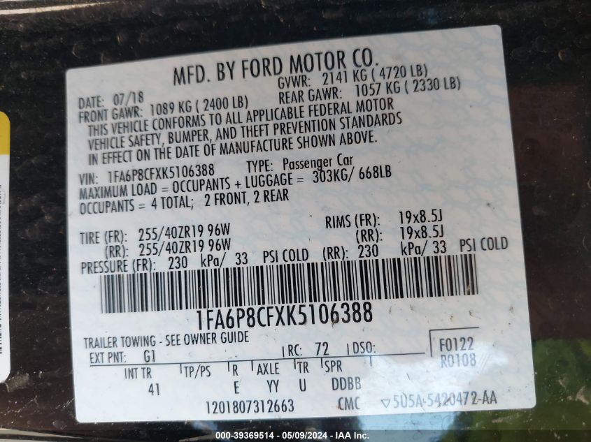 2019 Ford Mustang Gt Premium VIN: 1FA6P8CFXK5106388 Lot: 39369514