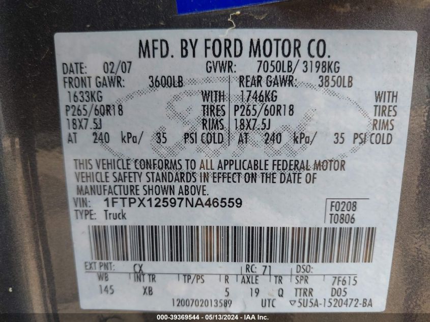 1FTPX12597NA46559 2007 Ford F-150 Lariat/Stx/Xl/Xlt