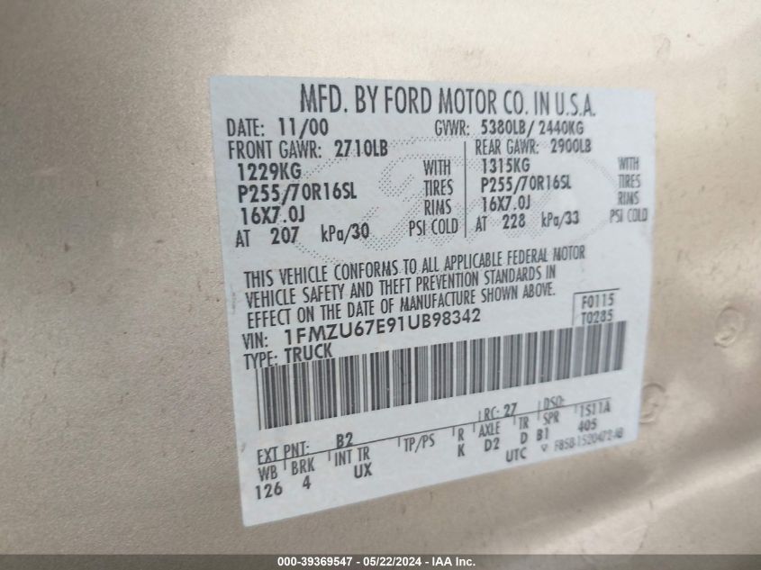 2001 Ford Explorer Sport Trac VIN: 1FMZU67E91UB98342 Lot: 39369547