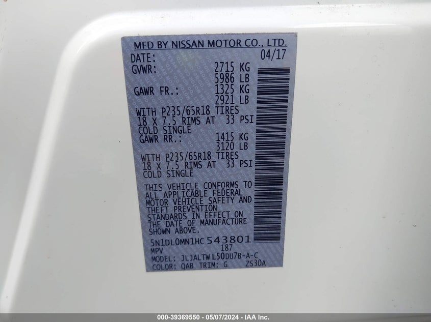 VIN 5N1DL0MN1HC543801 2017 INFINITI QX60
