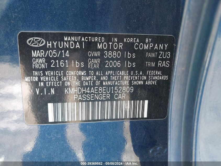 2014 Hyundai Elantra Se VIN: KMHDH4AE8EU152809 Lot: 39369582