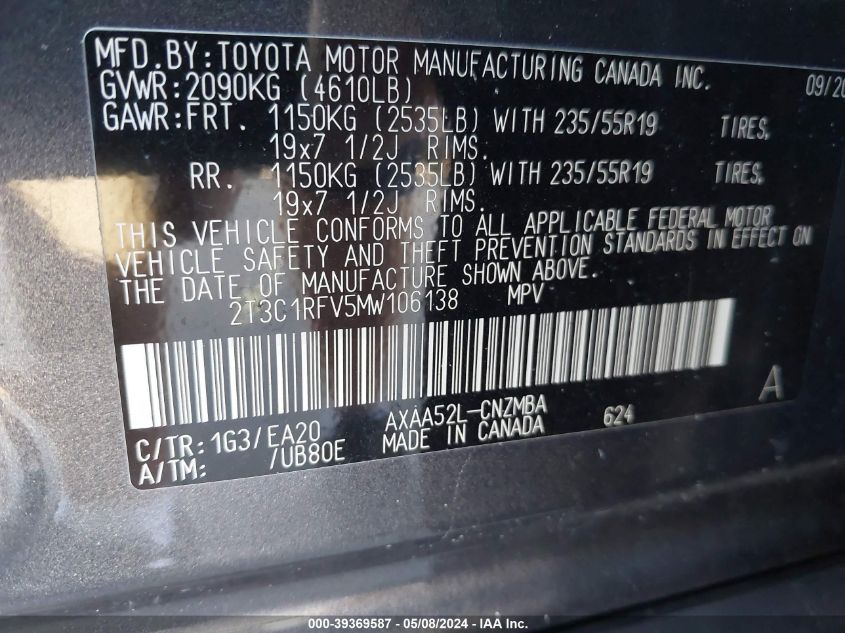 2021 TOYOTA RAV4 XLE PREMIUM - 2T3C1RFV5MW106138