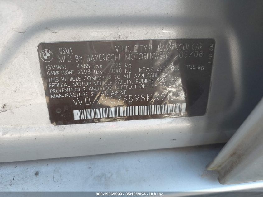 2008 BMW 328Xi VIN: WBAVC73598KX91526 Lot: 39369599