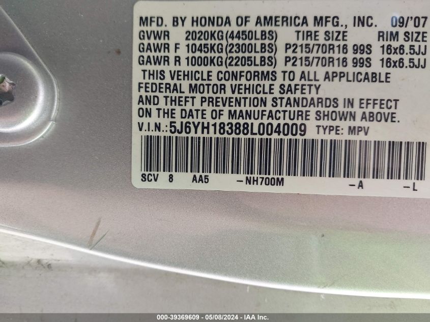 2008 Honda Element Lx VIN: 5J6YH18388L004009 Lot: 39369609