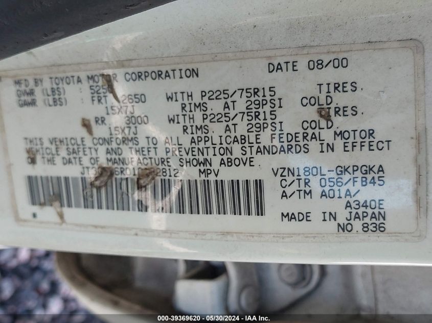 2001 Toyota 4Runner Sr5 V6 VIN: JT3GN86R010182812 Lot: 39369620