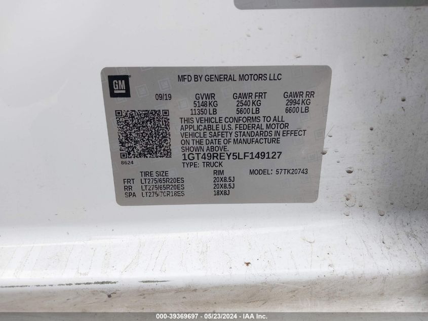 2020 GMC Sierra 2500Hd 4Wd Standard Bed Denali VIN: 1GT49REY5LF149127 Lot: 39369697