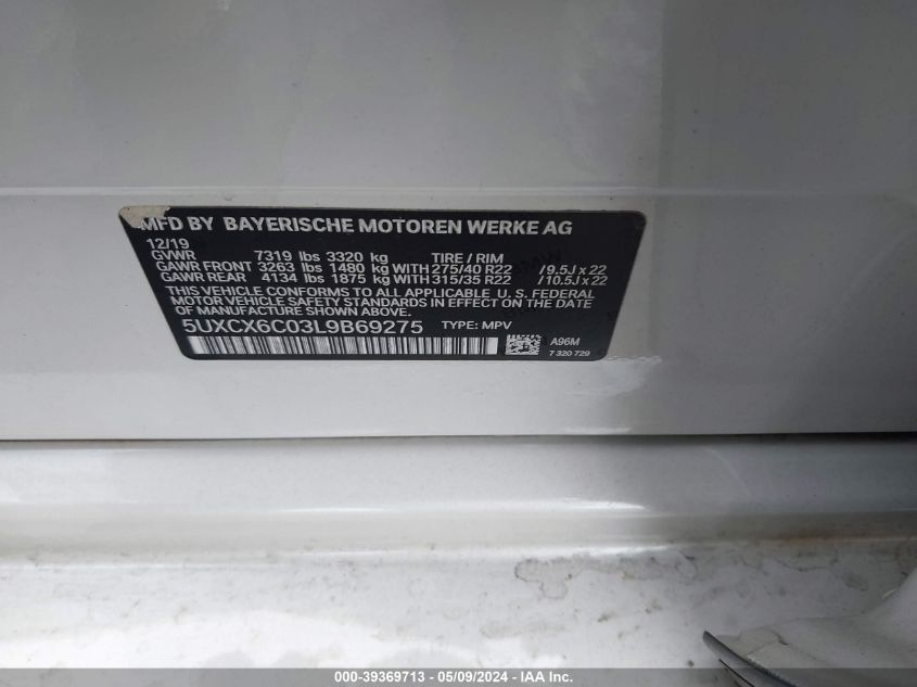 VIN 5UXCX6C03L9B69275 2020 BMW X7 M50I