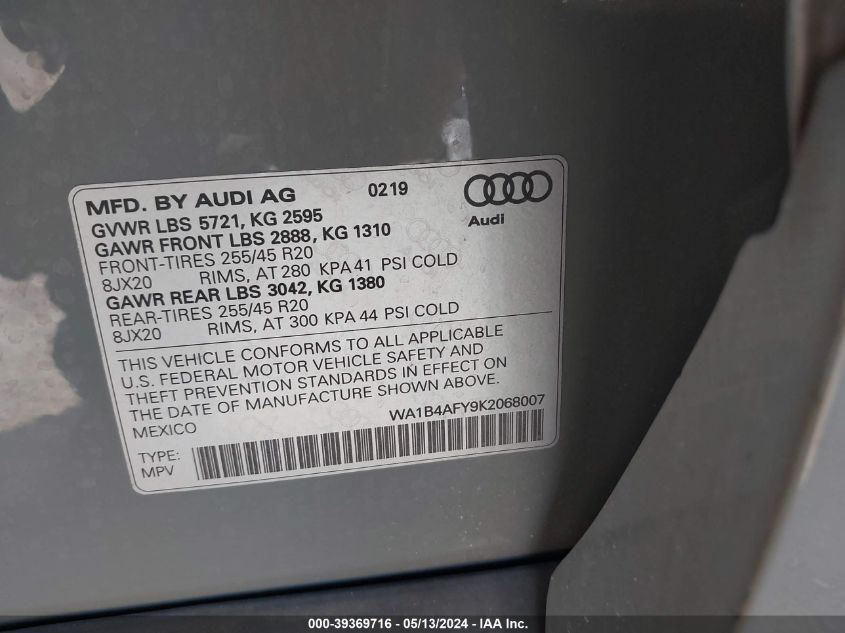 2019 Audi Sq5 3.0T Premium VIN: WA1B4AFY9K2068007 Lot: 39369716