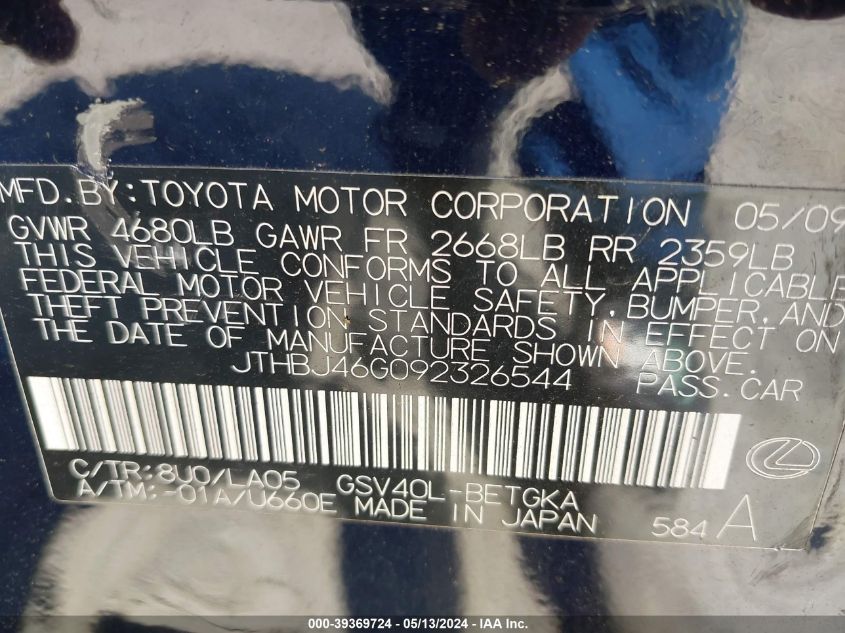 2009 Lexus Es 350 VIN: JTHBJ46G092326544 Lot: 39369724