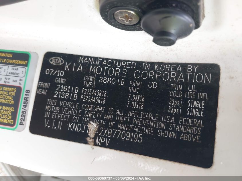 2011 Kia Soul Sport VIN: KNDJT2A2XB7709195 Lot: 39369737