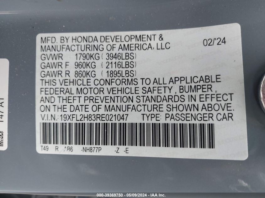 2024 Honda Civic Sport VIN: 19XFL2H83RE021047 Lot: 39369750