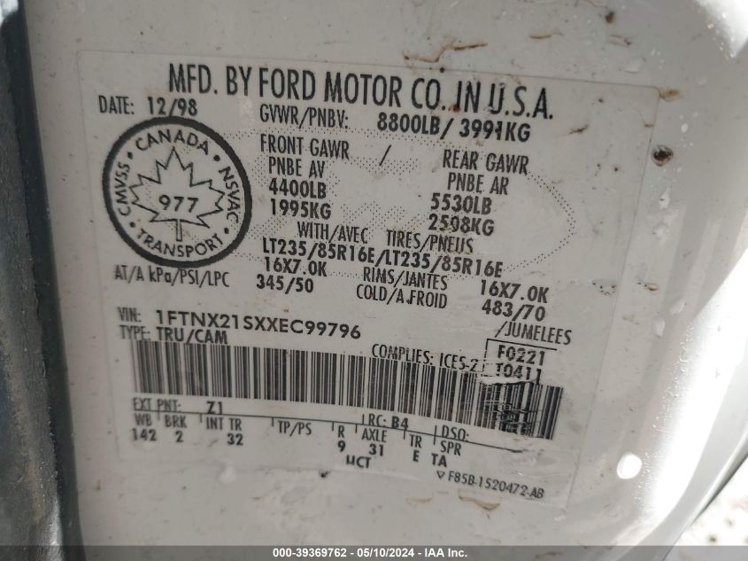 1999 Ford F-250 Lariat/Xl/Xlt VIN: 1FTNX21SXXEC99796 Lot: 39369762