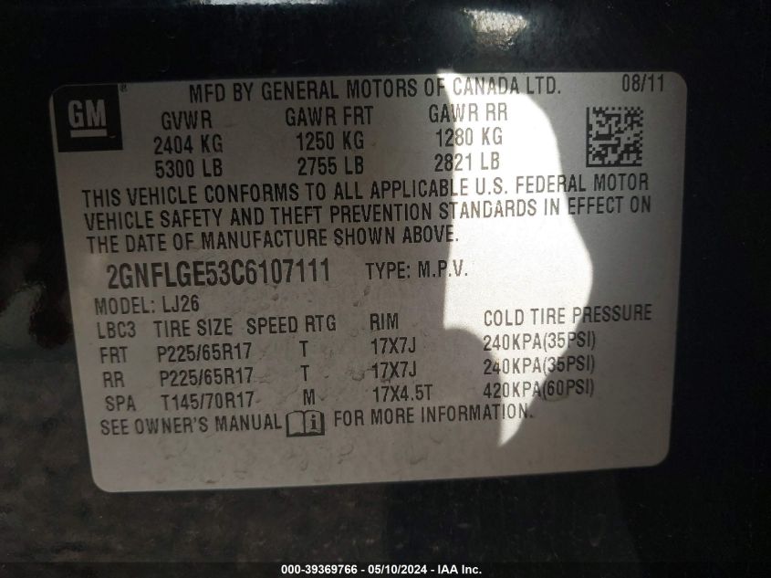 2012 Chevrolet Equinox Ltz VIN: 2GNFLGE53C6107111 Lot: 39369766