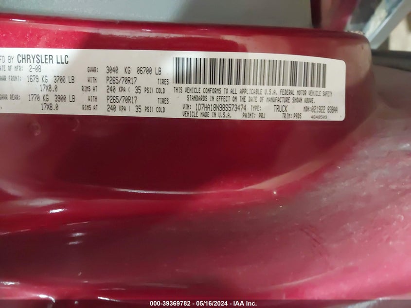 2008 Dodge Ram 1500 St/Sxt VIN: 1D7HA18N98S573474 Lot: 39369782