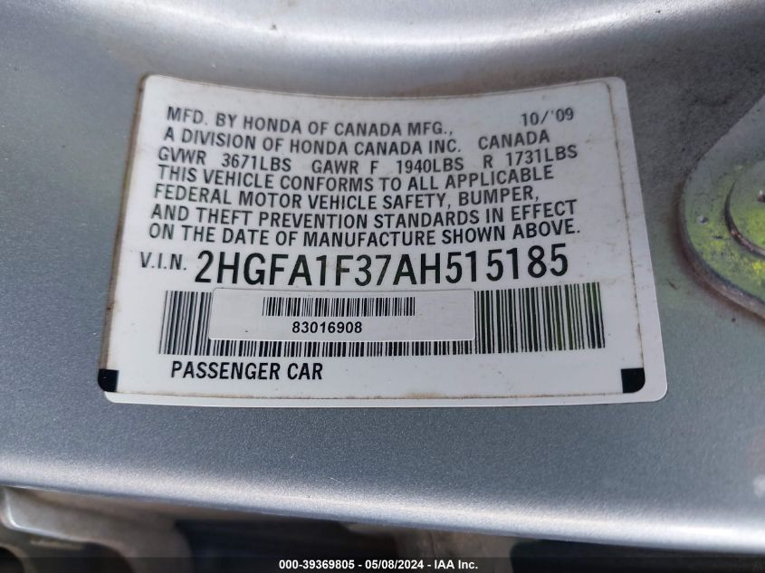 2010 Honda Civic Vp VIN: 2HGFA1F37AH51518 Lot: 39369805