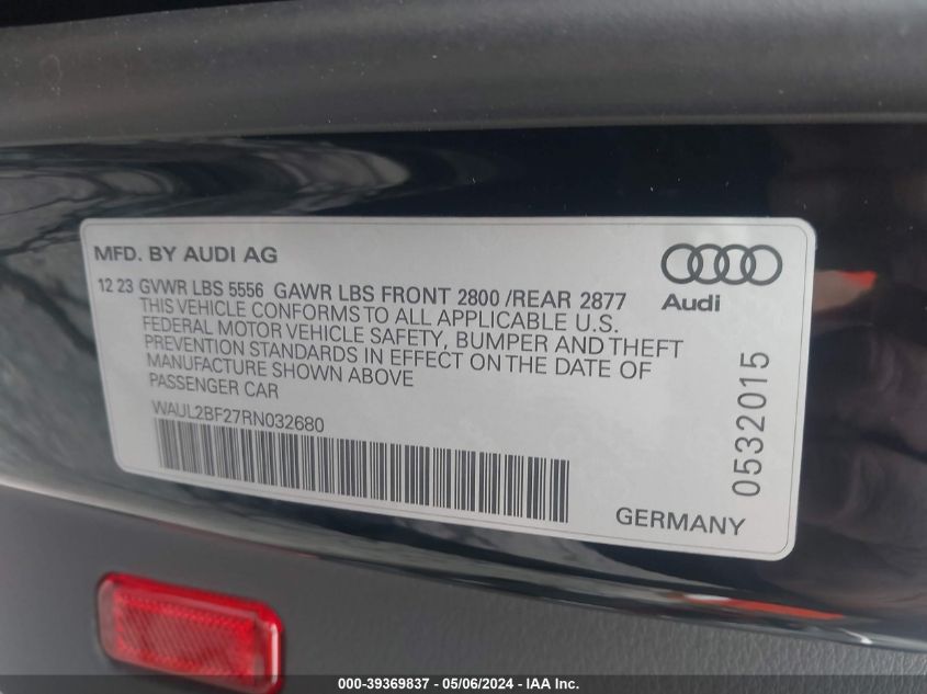 2024 Audi A6 Premium Plus 55 Tfsi Quattro S Tronic VIN: WAUL2BF27RN032680 Lot: 39369837