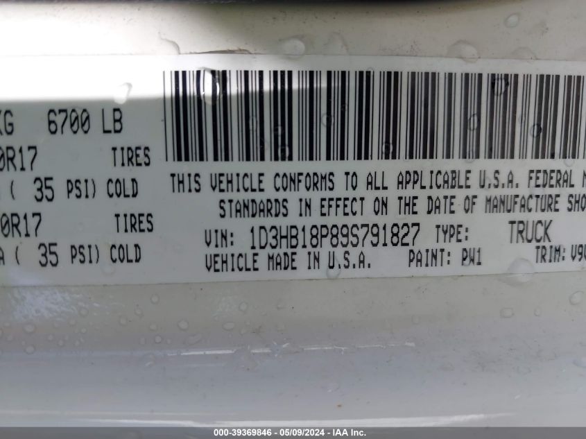 2009 Dodge Ram 1500 St VIN: 1D3HB18P89S791827 Lot: 39369846