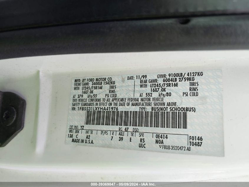 2000 Ford E-350 Super Duty Xl/Xlt VIN: 1FBSS31LXYHA41976 Lot: 39369847