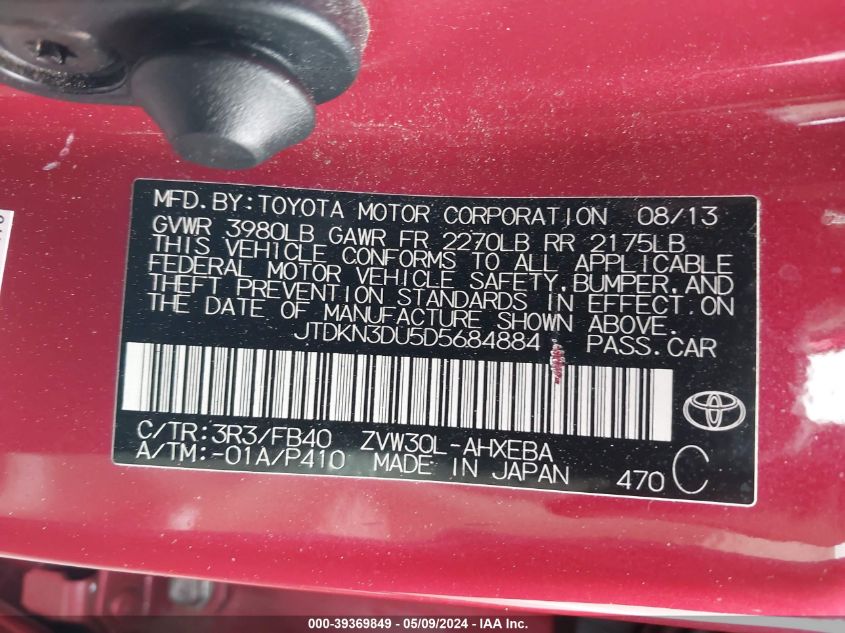 2013 Toyota Prius Two VIN: JTDKN3DU5D5684884 Lot: 39369849