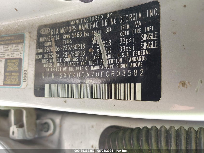 2015 Kia Sorento Ex V6 VIN: 5XYKUDA70FG603582 Lot: 39369853