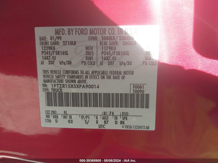 1999 Ford Ranger Xlt VIN: 1FTZR15X5XPA90014 Lot: 39369900