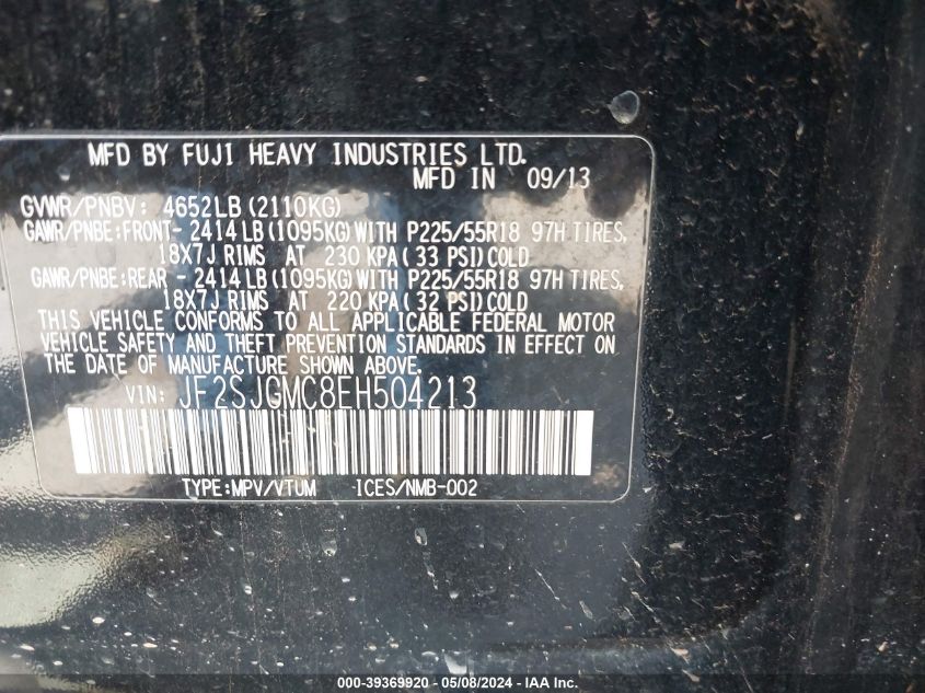 2014 Subaru Forester 2.0Xt Touring VIN: JF2SJGMC8EH504213 Lot: 39369920
