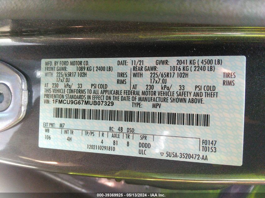 2021 Ford Escape Se VIN: 1FMCU9G67MUB07329 Lot: 39369925