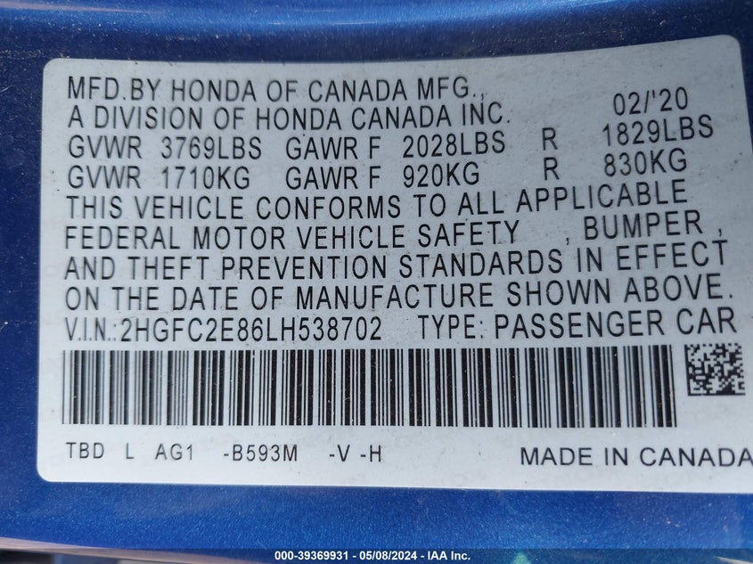 VIN 2HGFC2E86LH538702 2020 HONDA CIVIC SPORT