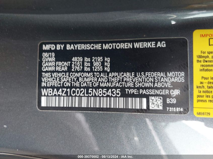 2020 BMW 430I VIN: WBA4Z1C02L5N85435 Lot: 39370002