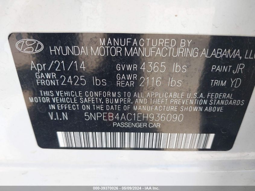 2014 HYUNDAI SONATA GLS - 5NPEB4AC1EH936090