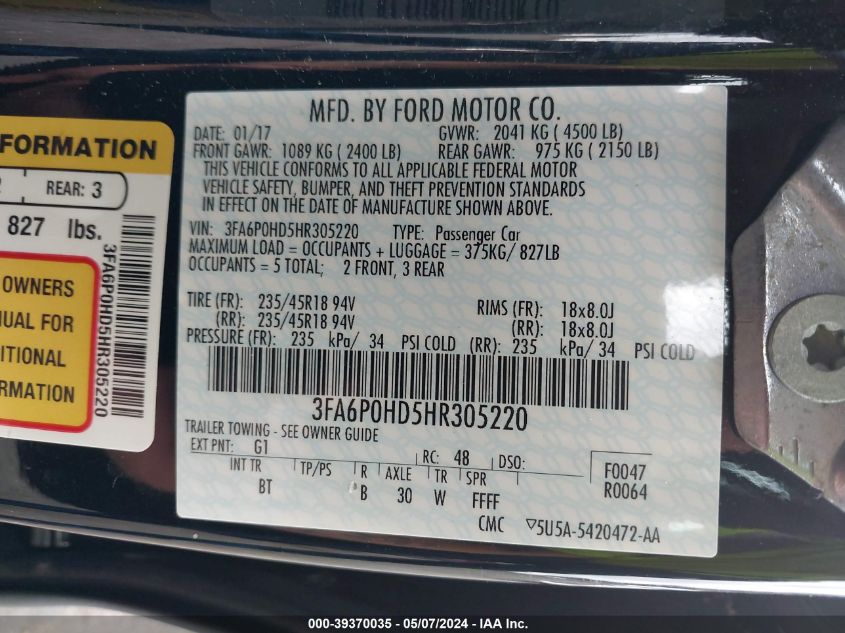 2017 FORD FUSION SE - 3FA6P0HD5HR305220