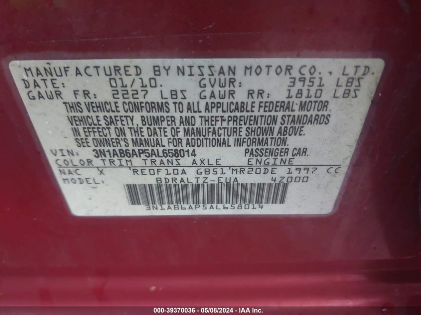 2010 Nissan Sentra 2.0S VIN: 3N1AB6AP5AL658014 Lot: 39370036