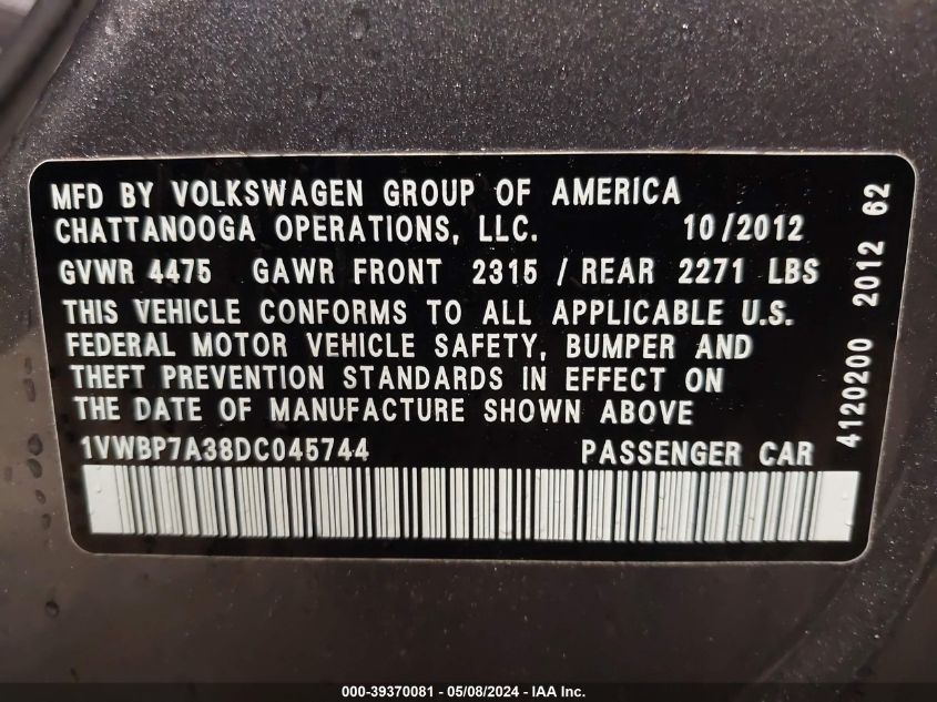 2013 Volkswagen Passat 2.5L Se VIN: 1VWBP7A38DC045744 Lot: 39370081