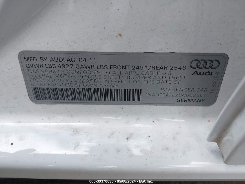 2011 Audi A4 2.0T Premium VIN: WAUFFAFL2BN052667 Lot: 39370093