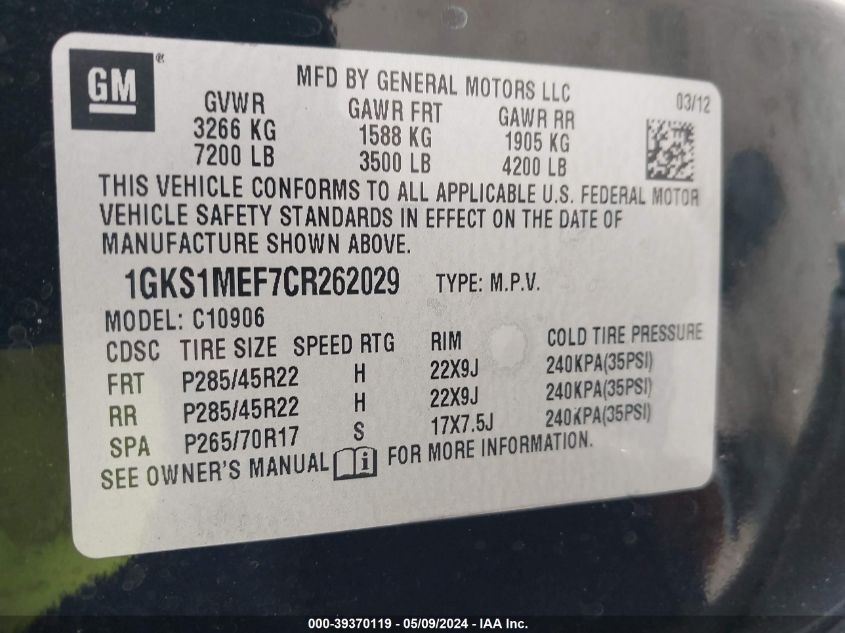 2012 GMC Yukon Xl 1500 Denali VIN: 1GKS1MEF7CR262029 Lot: 39370119