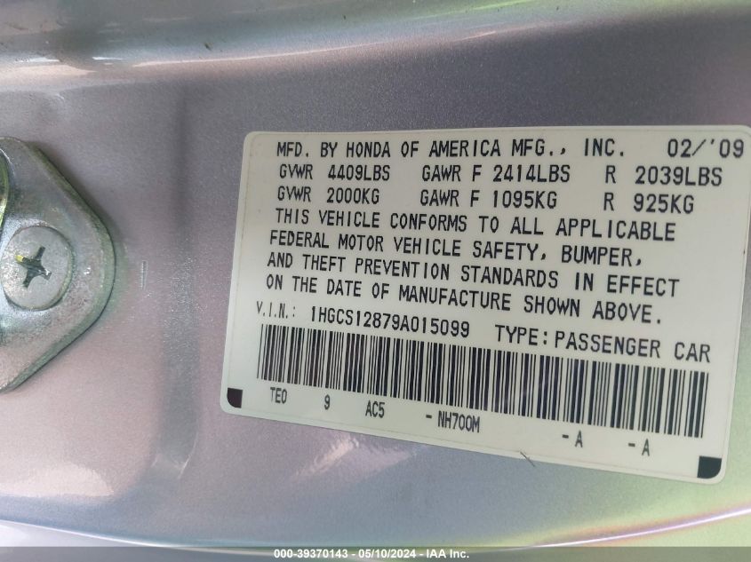 2009 Honda Accord 2.4 Ex-L VIN: 1HGCS12879A015099 Lot: 39370143