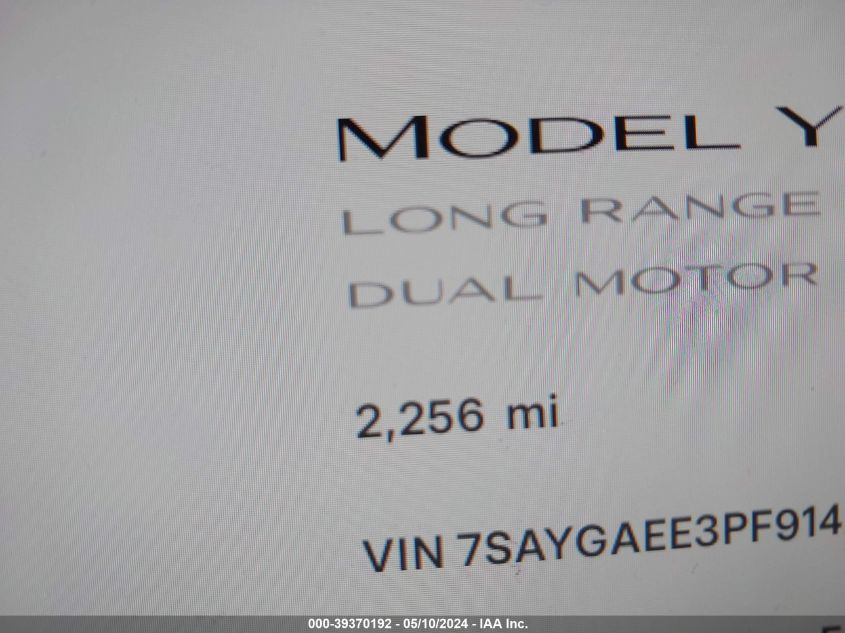 2023 Tesla Model Y Awd/Long Range Dual Motor All-Wheel Drive VIN: 7SAYGAEE3PF914234 Lot: 39370192