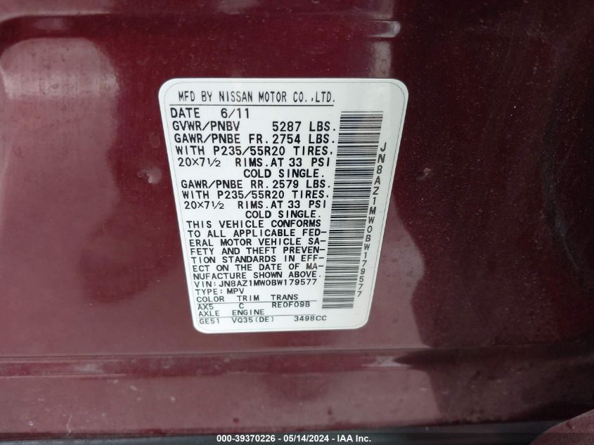2011 Nissan Murano Le VIN: JN8AZ1MW0BW179577 Lot: 39370226