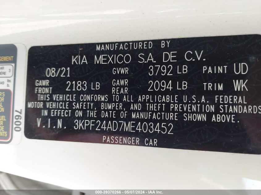 2021 Kia Forte Fe VIN: 3KPF24AD7ME403452 Lot: 39370266