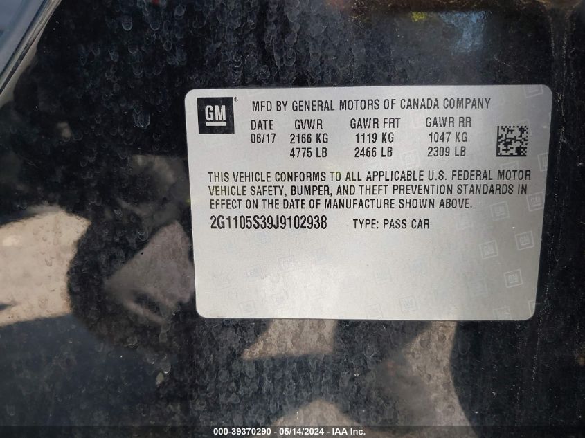 2018 Chevrolet Impala 1Lt VIN: 2G1105S39J9102938 Lot: 39370290