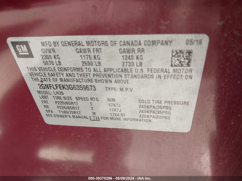 2016 Chevrolet Equinox Lt VIN: 2GNFLFEK3G6359673 Lot: 39370296