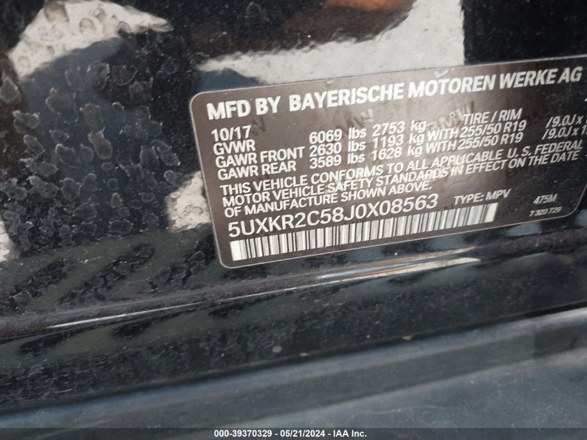 2018 BMW X5 Sdrive35I VIN: 5UXKR2C58J0X08563 Lot: 39370329