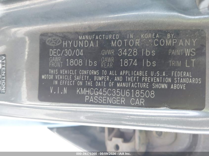 2005 Hyundai Accent Gls VIN: KMHCG45C35U618508 Lot: 39370365