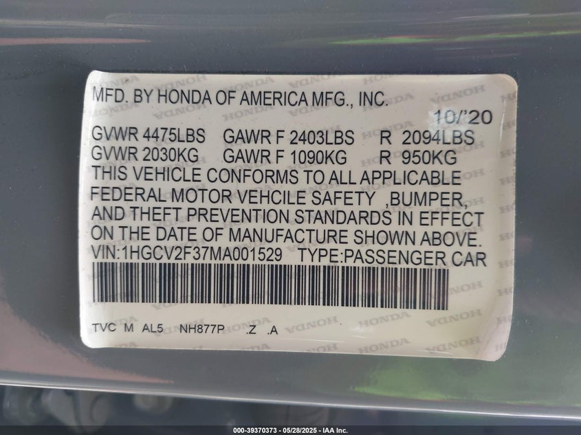 2021 Honda Accord Sport 2.0T VIN: 1HGCV2F37MA001529 Lot: 39370373