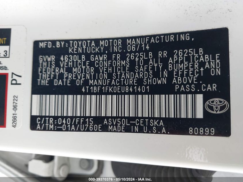 2014 Toyota Camry Se VIN: 4T1BF1FK0EU841401 Lot: 39370376