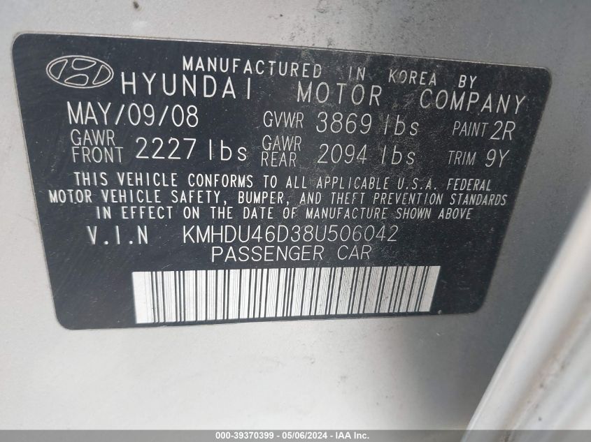 KMHDU46D38U506042 | 2008 HYUNDAI ELANTRA